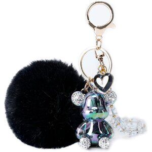 ✨Honyjoom Women Black Cute Bear Pom Pom Sparkling Keychains Accessories Girly
